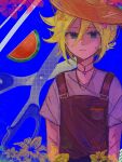  1boy alternate_costume basil_(faraway)_(omori) basil_(omori) blonde_hair blue_eyes closed_mouth cuts expressionless flower food fruit grey_shirt hair_flower hair_ornament hat highres injury looking_at_viewer maringin omori overalls shirt short_hair solo sun_hat watermelon watermelon_slice 