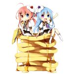  2girls :d :t blue_eyes blue_hair blush center_frills chibi closed_mouth collared_shirt dress_shirt eating food food_on_face frilled_skirt frilled_socks frilled_thighhighs frills hair_between_eyes heterochromia holding holding_food in_food long_hair low_twintails mini_person minigirl multiple_girls no_shoes original outstretched_arm pink_hair pleated_skirt puffy_short_sleeves puffy_sleeves purple_eyes red_eyes satou_saya shirt short_sleeves simple_background sitting skirt smile socks suspenders thighhighs twintails v-shaped_eyebrows very_long_hair white_background white_shirt white_skirt white_socks yellow_thighhighs 