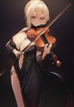  1girl absurdres angelica_rafa_redgrave black_dress black_panties blonde_hair bow_(music) breasts cleavage daiiichukiii dress hair_bun highres holding holding_bow_(music) holding_instrument holding_violin instrument large_breasts looking_at_viewer navel otome_gee_sekai_wa_mob_ni_kibishii_sekai_desu panties parted_lips red_eyes short_hair side-tie_panties single_hair_bun smile solo underwear violin 