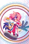  1girl 2boys ;) amy_rose animal_ears blue_eyes eyelashes eyewear_on_head fox_boy fox_ears gloves goggles green_eyes hedgehog highres multiple_boys multiple_tails nathalie_fourdraine official_art one_eye_closed pants shoes smile sonic_(series) sonic_riders sonic_the_hedgehog sonic_the_hedgehog_(idw) tail tails_(sonic) teeth two_tails 