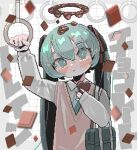  bag brown_vest chocolate collared_shirt food green_eyes green_hair green_necktie hair_ornament hand_grip hatsune_miku highres holding holding_chocolate holding_food long_hair long_sleeves maiandkoh necktie pixel_art school_bag school_uniform shirt sweater_vest text_background train_interior twintails very_long_hair vest vocaloid white_shirt 