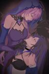  2girls acheron_(honkai:_star_rail) bare_shoulders black_choker black_swan_(honkai:_star_rail) breasts buttertoaxt choker cleavage commentary dress halter_dress halterneck highres honkai:_star_rail honkai_(series) long_hair looking_at_another multiple_girls purple_dress purple_hair sleeveless sleeveless_dress unfinished upper_body veil very_long_hair yuri 