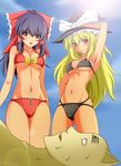  arm_behind_head armpits bikini black_hair blonde_hair bow breasts groin hair_bow hair_ribbon hair_tubes hakurei_reimu hat highres j-max_japan kirisame_marisa multiple_girls navel ponytail red_eyes ribbon small_breasts swimsuit touhou witch_hat 