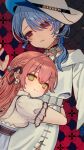  2girls absurdres ahoge bags_under_eyes blue_hair chajo1225 closed_mouth earrings empty_eyes green_eyes hair_ribbon highres hololive hoshimachi_suisei hoshimachi_suisei_(8th_costume) hug jewelry long_hair looking_at_viewer multiple_girls multiple_hairpins pink_hair puffy_short_sleeves puffy_sleeves ribbon sakura_miko sakura_miko_(7th_costume) short_sleeves smile upper_body virtual_youtuber white_hat 