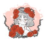  1boy :&lt; bouquet closed_mouth coat crown_of_thorns e.g.o_(project_moon) flower glasses gregor_(project_moon) grey_hair holding holding_bouquet limbus_company long_sleeves medium_hair project_moon red_eyes red_flower red_rose rose solo stole uchimura_(rino0525) upper_body white_coat 