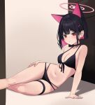 1girl absurdres animal_ears bare_arms bare_legs bare_shoulders bikini black_bikini black_hair blue_archive breasts cat_ears cleavage colored_inner_hair extra_ears halo highres kazusa_(blue_archive) medium_breasts momocadraw multicolored_hair navel pink_hair pink_halo red_eyes short_hair solo swimsuit 