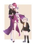  1boy 1girl 2girls absurdres aged_down caelus_(honkai:_star_rail) carrying carrying_person child child_carry edogawa_kigoro formal full_body grey_hair highres honkai:_star_rail honkai_(series) kafka_(honkai:_star_rail) long_hair looking_at_viewer multiple_girls necktie official_alternate_costume purple_eyes purple_hair short_hair shorts stelle_(honkai:_star_rail) trailblazer_(honkai:_star_rail) yellow_eyes 