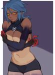  1girl black_shorts black_shrug blue_hair breasts closed_mouth colored_extremities corruption covering_breasts covering_privates cowboy_shot crossed_arms dark_aqua glowing glowing_eyes jewelry kingdom_hearts medium_breasts micro_shorts navel necklace nervous_sweating orange_eyes porqueloin red_hands shorts solo sweat sweatdrop 