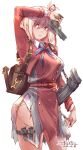  1girl absurdres arm_up bag belt blonde_hair breasts covering_face cowboy_shot dated gun hair_ribbon handgun highres holding holding_gun holding_knife holding_weapon knife knife_sheath large_breasts looking_to_the_side lycoris_recoil lycoris_uniform medium_hair nishikigi_chisato pink_eyes ribbon school_bag sheath simple_background skirt solo sweat torn_clothes torn_skirt weapon white_background yazawa_mana 