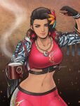  1girl azucena_milagros_ortiz_castillo black_gloves breasts clenched_hand cowboy_shot crescent crescent_necklace cup fingerless_gloves geoffrey_daigon gloves hand_up highres holding holding_cup jewelry medium_breasts midriff necklace pants red_pants smoke solo tekken tekken_8 twitter_username 