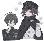  2boys ahoge black_cape black_hair buttons cape clenched_teeth danganronpa_(series) danganronpa_v3:_killing_harmony eyelashes flipped_hair grin hair_between_eyes hat highres hlt_in long_sleeves looking_at_viewer male_focus multiple_boys oma_kokichi pinstripe_jacket pinstripe_pattern purple_eyes purple_hair ringed_eyes saihara_shuichi short_hair simple_background sketch smile speech_bubble sweatdrop teeth upper_body white_background 