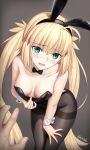 1girl absurdres ahoge animal_ears artoria_caster_(fate) artoria_pendragon_(fate) bare_shoulders besmiled black_leotard blonde_hair blush bow bowtie breasts brown_pantyhose cleavage collarbone detached_collar fake_animal_ears fate/grand_order fate_(series) green_eyes highleg highleg_leotard highres leaning_forward leotard long_hair looking_at_viewer medium_breasts open_mouth pantyhose playboy_bunny rabbit_ears sidelocks smile solo_focus strapless strapless_leotard thighs traditional_bowtie twintails wrist_cuffs 
