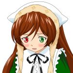  1girl black_ribbon blush brown_hair commentary_request dress eyelashes frilled_dress frilled_shirt_collar frills furrowed_brow green_dress green_eyes hair_between_eyes head_scarf heterochromia long_bangs long_hair looking_down momo_(esem) neck_ribbon open_mouth portrait red_eyes ribbon rozen_maiden simple_background solo suiseiseki swept_bangs white_background white_hat 