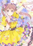  1girl ahoge arcboc arm_up blurry blurry_background blush brown_eyes brown_hair closed_mouth dress flower hair_flower hair_ornament hand_on_own_face long_hair looking_at_viewer original outline petals pink_hair puffy_short_sleeves puffy_sleeves ribbon scrunchie short_sleeves smile solo sparkle twintails violet_(flower) white_outline wrist_scrunchie yellow_dress 