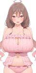  1girl absurdres ahoge breasts brown_hair cleavage cleavage_cutout clothing_cutout cowboy_shot hair_between_eyes highres huge_breasts long_hair looking_at_viewer low_twintails navel nekoshoko open_mouth original panties pink_panties red_eyes simple_background solo stomach twintails underwear upper_body white_background 
