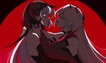  2girls absurdres acheron_(honkai:_star_rail) bare_shoulders black_swan_(honkai:_star_rail) choker commentary from_side grey_hair highres honkai:_star_rail honkai_(series) long_hair memeh multiple_girls parted_lips profile red_eyes smile upper_body veil very_long_hair yuri 