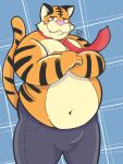 absurd_res belly big_breasts breasts epic_games felid fortnite hi_res male mammal oscar_(fortnite) overweight overweight_male pantherine salsa_squad slightly_chubby slightly_chubby_male solo tiger weight_gain