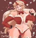  :d alternate_costume bag bare_shoulders bow bowtie breasts cameltoe christmas cleavage cuffs eyebrows fang fingernails fur_trim hand_on_hip hat heart horn hoshiguma_yuugi iroyopon large_breasts merry_christmas midriff nail_polish navel open_mouth panties red_eyes santa_costume santa_hat smile solo star thick_eyebrows thighhighs touhou underwear 