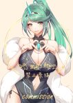  1girl absurdres aqua_eyes aqua_hair bare_shoulders bikini black_dress breasts cleavage cleavage_cutout clothing_cutout collarbone commentary commission core_crystal_(xenoblade) cyacyacyacyaki diamond_cutout dress earrings eyelashes heart heart_hands high_ponytail highres huge_breasts jewelry long_hair navel_cutout pneuma_(xenoblade) side-tie_bikini_bottom simple_background smile solo swept_bangs swimsuit teeth tiara translation_request white_background xenoblade_chronicles_(series) xenoblade_chronicles_2 