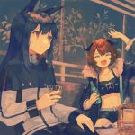  2girls :d ^_^ alcohol animal_ear_fluff animal_ears arknights arm_up black_capelet black_hair black_jacket black_shorts bottle breasts brown_hair capelet cleavage closed_eyes closed_mouth croissant_(arknights) crop_top cup drinking_glass fur-trimmed_jacket fur_trim highres holding holding_bottle holding_cup horns indoors jacket long_hair long_sleeves looking_at_another midriff miike_(992058) multiple_girls navel open_clothes open_jacket open_mouth pantyhose red_eyes red_hair short_hair short_shorts shorts shot_glass sitting smile texas_(arknights) white_jacket wolf_ears 