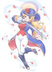  1girl artist_name ascot blonde_hair blue_coat blue_eyes blue_footwear blue_hat boots breasts cavalier_hat coat earrings flower full_body hat hat_feather hat_flower highres holding holding_sword holding_weapon jewelry knee_boots konata_w1225 large_breasts long_hair looking_at_viewer mario_(series) official_alternate_costume official_alternate_hairstyle open_mouth pants princess_peach princess_peach:_showtime! rapier red_coat red_flower red_petals red_rose red_vest rose simple_background solo sphere_earrings sword swordfighter_peach two-sided_coat two-sided_fabric vest watermark weapon white_ascot white_background white_pants 
