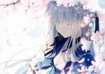  1girl bandaged_arm bandages blue_archive blush cherry_blossoms closed_mouth dated grey_eyes grey_hair haori highres japanese_clothes long_hair nagusa_(blue_archive) petals sailor_collar school_uniform serafuku signature smile solo tel-o upper_body white_sailor_collar 