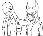 2024 anon_(snoot_game) anthro bald black_and_white cavemanon_studios clothing compsognathid compsognathus dinosaur duo eyelashes female hair hand_puppet hat headgear headwear human jacket jacket_ignites long_hair male mammal monochrome reptile scalie schizo_chan_(snoot_game) sketch smile snoot_game snout theropod topwear
