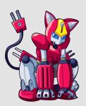  1girl animal_ears blue_eyes cat_ears electric_plug_tail helmet humanoid_robot looking_at_viewer medarot oversized_forearms oversized_limbs pepper_cat robot robot_girl science_fiction simple_background solo whiteknot 