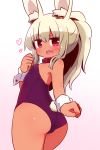  1girl :d animal_ear_fluff animal_ears ass bangs bare_shoulders blonde_hair blush breasts bunny_ears bunny_girl bunny_tail bunnysuit dark_skin eyebrows_visible_through_hair gradient gradient_background hair_between_eyes hand_up heart heart-shaped_pupils high_ponytail highres leotard looking_at_viewer looking_back masurao_(sekaiju) naga_u open_mouth pink_background ponytail purple_leotard red_eyes sekaiju_no_meikyuu sekaiju_no_meikyuu_5 sidelocks small_breasts smile solo strapless strapless_leotard symbol-shaped_pupils tail upper_teeth white_background wrist_cuffs 