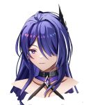  1girl acheron_(honkai:_star_rail) black_choker choker commentary_request criss-cross_halter hair_ornament hair_over_one_eye halterneck highres honkai:_star_rail honkai_(series) looking_at_viewer miya-chan_(lightning0730) purple_eyes purple_hair simple_background smile solo white_background 