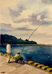  2girls blue_sky cloud cloudy_sky day fishing fishing_rod highres holding holding_fishing_rod lake multiple_girls original painting_(medium) scenery shadow shibakaka shore sky sunlight traditional_media tree water watercolor_(medium) 