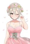  1girl aa211108 black_eyes blush breasts dress flower_wreath grey_hair head_wreath highres idolmaster idolmaster_cinderella_girls looking_at_viewer medium_breasts one_eye_closed parted_lips petals pink_dress shiomi_syuko short_hair smile solo straight-on upper_body 