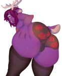 anthro antlers anus atanaziamio balls bent_over big_butt blush butt clothing deer flabby_legs floral_pattern flower fur genitals girly hair hi_res horn leg_grab legwear low-angle_view male mammal new_world_deer ozzy_(baron-samedi) plant presenting presenting_hindquarters purple_body purple_fur purple_hair reindeer rose_(flower) slightly_chubby solo stockings thick_thighs thigh_grab