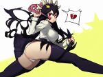  1girl black_hair black_skirt blush broken_heart collared_shirt filia_(skullgirls) heart highres panties red_eyes samson_(skullgirls) shirt simoncrys skirt skullgirls tongue underwear white_panties yellow_eyes 