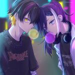  10mamomi 2boys banzoin_hakka black_hair blonde_hair blue_eyes blurry blurry_background chain_necklace chewing_gum earrings from_side headphones headphones_around_neck highres holostars holostars_english jewelry layered_sleeves long_hair long_sleeves looking_at_viewer male_focus multicolored_hair multiple_boys necklace ponytail purple_hair short_hair short_over_long_sleeves short_sleeves slit_pupils streaked_hair stud_earrings twitter_username two-tone_hair upper_body virtual_youtuber white_hair yatogami_fuma yellow_eyes 
