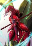  1girl armor breastplate dragon fingerless_gloves fire_emblem fire_emblem:_mystery_of_the_emblem gloves green_headband hair_between_eyes headband highres holding holding_weapon long_sleeves looking_at_viewer minerva_(fire_emblem) open_mouth red_armor red_eyes red_gloves red_hair short_hair shoulder_armor teeth upper_teeth_only weapon wyvern yori_ilrosso 