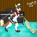 ambiguous_gender anthro black_body black_fur black_hair canid canine carpet chel_(chelfox) chelfox cleaning_tool clothing cross_fox ear_piercing ear_ring facial_piercing fox fur garter_belt garter_straps hair hi_res keyboard_instrument lip_piercing lip_ring long_hair maid_apron maid_uniform mammal musical_instrument nonbinary_(lore) nose_piercing nose_ring piano piercing red_body red_fox red_fur red_hair ring_piercing solo true_fox uniform vacuum_cleaner white_body white_fur wood_paneling