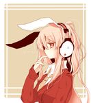  animal_ears azuma_seiji bunny_ears colorized contemporary finger_to_mouth headphones kaminarigumo long_hair necktie pink_hair reisen_udongein_inaba solo touhou 