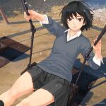  1girl amagami black_hair black_skirt blue_sweater breasts brown_eyes cherry_blossoms collared_shirt copyright_notice dress_shirt falling_petals grass grey_sweater highres kibito_high_school_uniform legs_up long_sleeves looking_at_viewer messy_hair nanasaki_ai no_jacket non-web_source official_art parted_lips partially_unbuttoned petals pleated_skirt school_uniform shadow shirt short_hair skirt small_breasts smile solo sweater swing swing_set swinging takayama_kisai third-party_source unbuttoned unbuttoned_shirt white_shirt 