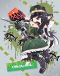  1girl animal_ears black_footwear black_hair boots cat_ears cat_girl commentary commission dress fangs full_body gold_trim green_dress grey_background gun hat highres holding holding_gun holding_weapon inkling inkling_girl inkling_player_character long_hair open_mouth paint_splatter peaked_cap pointy_ears puchiman range_blaster_(splatoon) smile splashtag_(splatoon) splatoon_(series) splatoon_3 sticker tentacle_hair watermark weapon yellow_eyes 