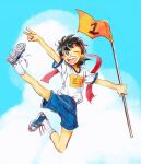  1boy ;d black_hair blue_shorts blue_sky cloud day flag headband highres holding holding_flag jumping mihira_sanpei oh3ru one_eye_closed outdoors red_headband shirt shoes shorts sketch sky smile sneakers socks t-shirt tsurikichi_sanpei v white_shirt white_socks 