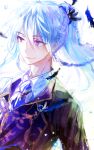  1boy bishounen blue_hair braid character_request closed_mouth collared_shirt ensemble_stars! falling_feathers feathers formal jacket light_blue_hair long_hair looking_to_the_side male_focus mint5464 necktie ponytail purple_eyes shirt sketch smile solo upper_body white_background 
