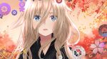  1girl alternate_costume alternate_hairstyle black_kimono blonde_hair blue_eyes cherry_blossoms hair_between_eyes highres ia_(vocaloid) japanese_clothes kimono long_hair long_sleeves looking_at_viewer messy_hair open_mouth pink_pupils ponta_(poqpon) solo very_long_hair vocaloid 