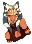  1girl absurdres ahsoka_tano blue_eyes breasts cleavage_cutout clothing_cutout colored_skin halterneck highres medium_breasts open_mouth orange_skin porqueloin portrait red_shirt shirt simple_background solo star_wars star_wars:_the_clone_wars teeth togruta upper_body white_background 