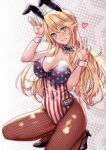  1girl american_flag american_flag_print animal_ears bare_shoulders bow bowtie breasts cleavage detached_collar fake_animal_ears flag_print highres iowa_(kancolle) kantai_collection kuurunaitsu large_breasts leotard long_hair looking_at_viewer pantyhose playboy_bunny rabbit_ears rabbit_tail smile solo strapless strapless_leotard tail wrist_cuffs 