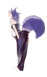  1girl :o absurdres animal_ears bare_shoulders barefoot camisole fox_ears fox_girl fox_tail full_body hair_ornament hairclip hand_in_pocket highres leaning_forward long_hair looking_at_viewer original pants purple_hair purple_tail shisantian simple_background solo standing strap_slip tail white_background 