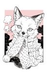 2024 ambiguous_gender canid canine feral fox hi_res looking_at_viewer mammal monochrome mouth_hold pink_background pupils quadruped realistic_feral scarf shiki_02 simple_background slit_pupils solo winter_clothing