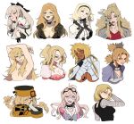  6+girls :p absurdres ahoge android_18 arms_up arrancar bad_girl balalaika_(black_lagoon) black_bow black_hairband black_lagoon bleach blonde_hair blood blood_on_clothes blood_on_face blue_eyes blunt_bangs bow breast_tattoo breasts burn_scar capelet cigar cleavage convenient_censoring crossover dark-skinned_female dark_skin drag-on_dragoon drag-on_dragoon_3 dragon_ball dress earrings facial_mark fingerless_gloves flower flower_over_eye forehead_mark forehead_protector frills fur_hat fur_trim gloves green_eyes grin guilty_gear guilty_gear_xrd hair_between_eyes hair_bow hair_censor hair_over_breasts hairband hat highres huge_breasts jewelry large_breasts long_hair long_sleeves looking_at_viewer medium_breasts medium_hair millia_rage mole mole_under_eye multiple_crossover multiple_girls naruto naruto_(series) no_more_heroes nosebleed nude number_tattoo one_(drag-on_dragoon) panty_&amp;_stocking_with_garterbelt panty_(psg) ponytail porqueloin quad_tails red_eyes revealing_clothes roman_numeral scar scar_on_face shirt short_bangs short_hair simple_background smile smoking striped_clothes striped_shirt sunagakure_symbol tattoo temari_(naruto) tier_harribel tongue tongue_out trait_connection underboob ushanka white_background white_capelet white_hair zero_(drag-on_dragoon) 