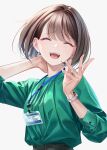  1girl :d ^_^ brown_hair closed_eyes commentary_request facing_viewer green_shirt grey_background hand_on_own_neck highres id_card lanyard office_lady open_mouth original shirt shirt_tucked_in short_hair simple_background smile solo sousou_(sousouworks) teeth upper_body upper_teeth_only watch white_background wristwatch 