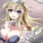  1girl alcohol blonde_hair blue_leotard breasts cargo_net cleavage cup double_bun drinking_glass fletcher_(kancolle) gradient_background hair_bun hair_ornament hairband kantai_collection large_breasts leotard long_hair looking_at_viewer open_mouth pink_background playboy_bunny purple_eyes smile solo star_(symbol) toms upper_body 